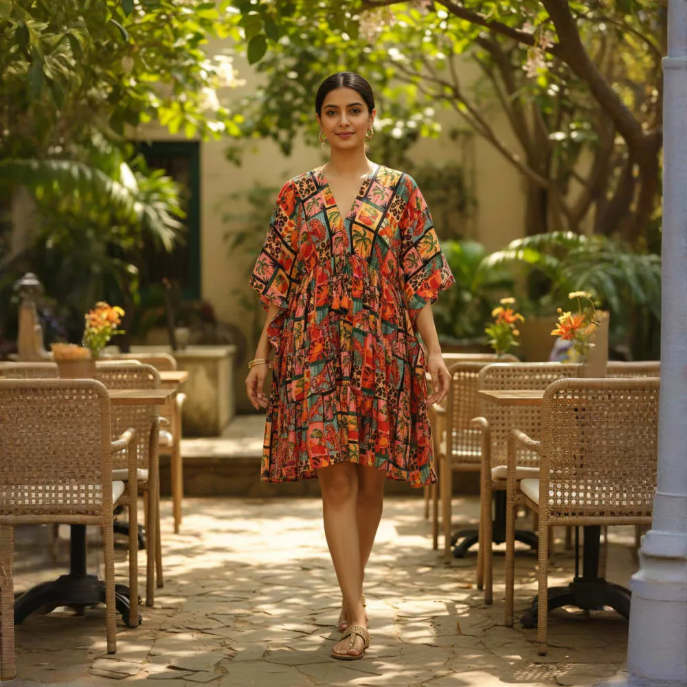 SHORT DRESS TROPICAL PATCHWORK PRINT