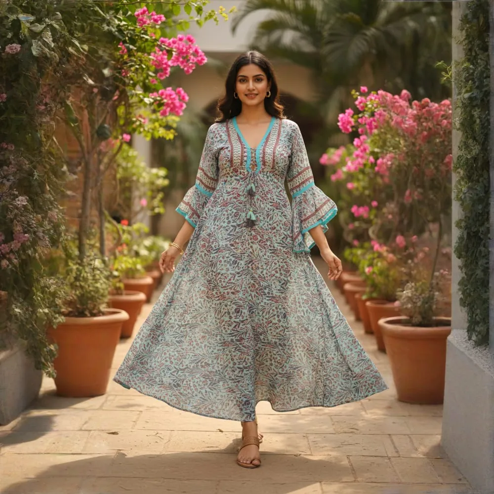 [CB-1031-1203] LONG DRESS TROPICAL PLAMS PRINT