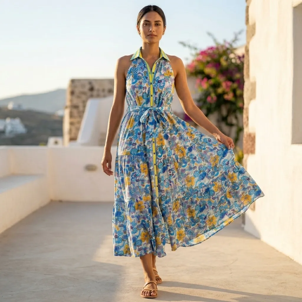 MALIKA CAMBRIC CLASSIC HALTER NECK LONG DRESS