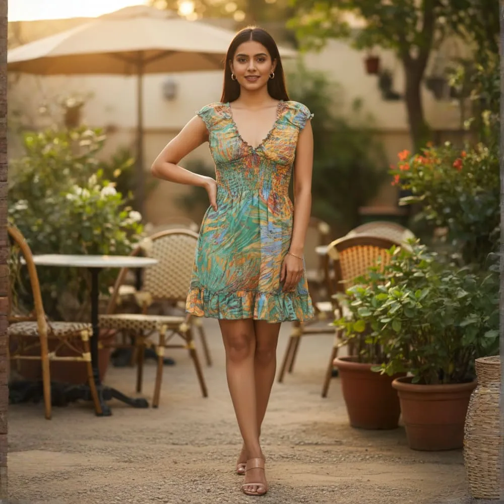 [CB-1042-174] SHORT DRESS TEAL PLAMS PRINT