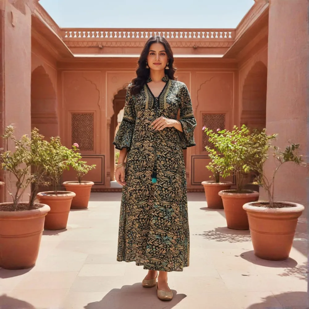 [CB-1031-1204] LONG DRESS DARK BOTANICAL PRINT