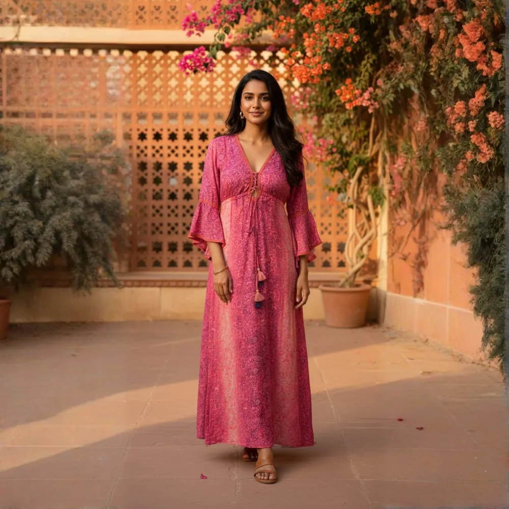 LONG DRESS ORCHID FLARE BOHO PRINT