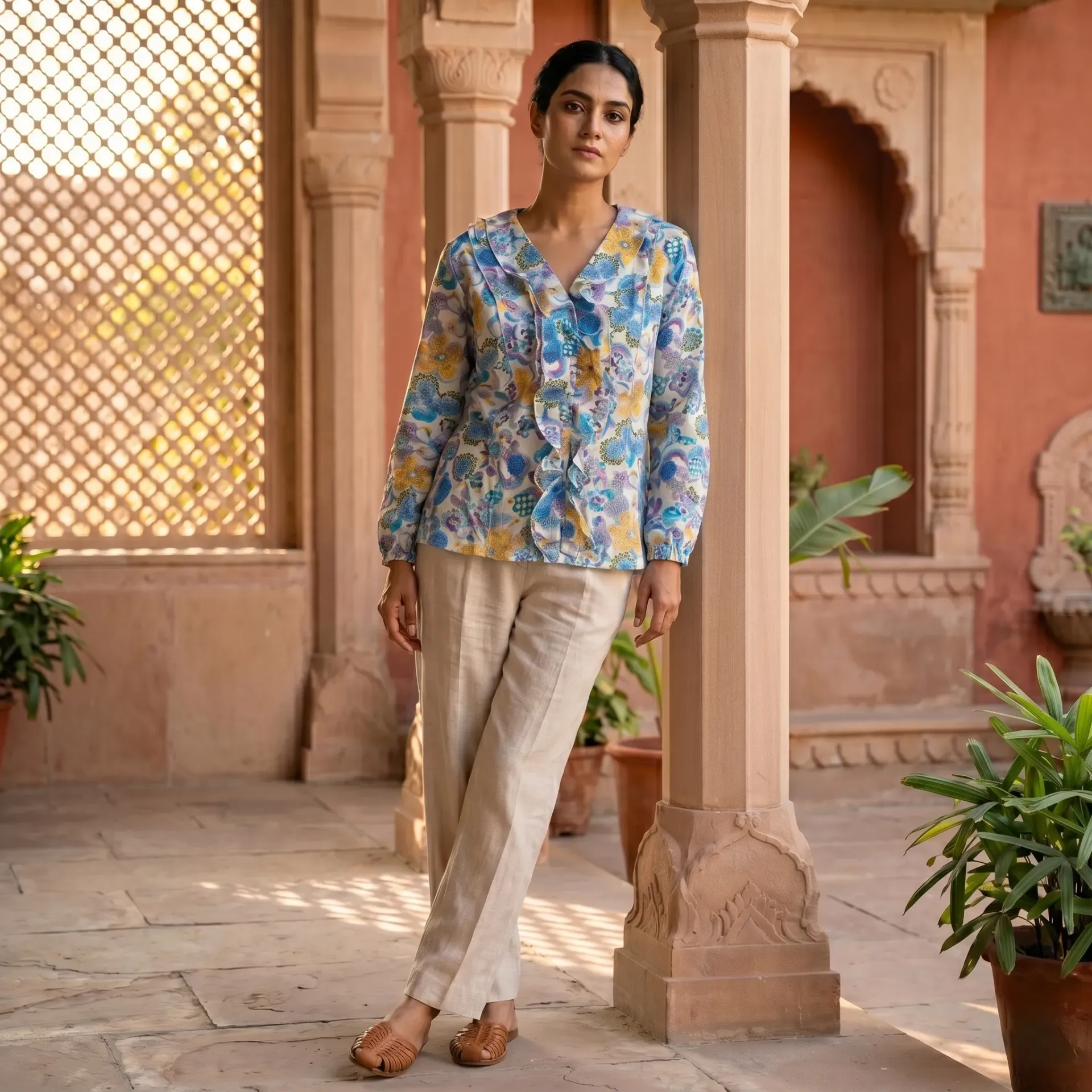 NISHA CAMBRIC CLASSIC RUFFLED TOP