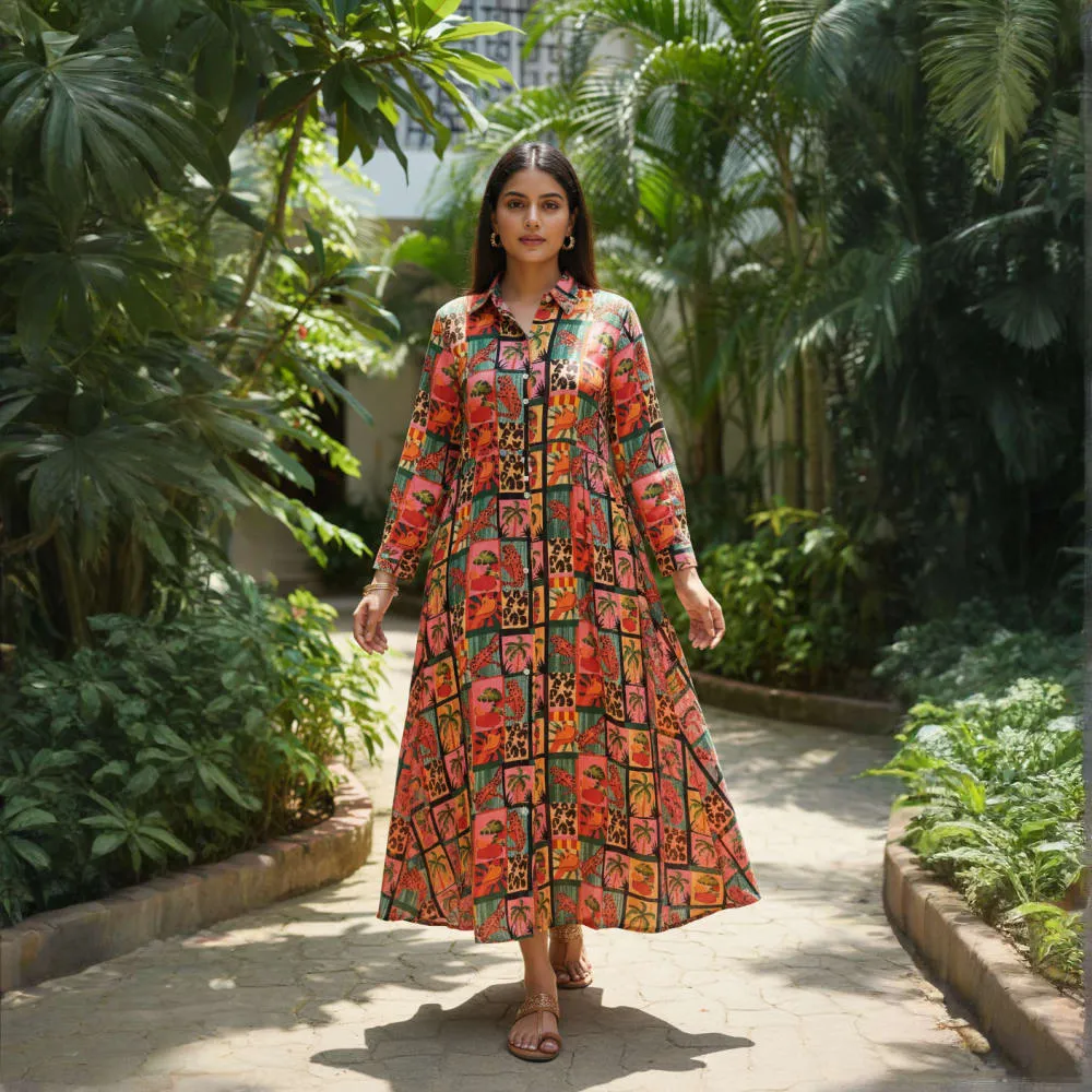 LONG DRESS TROPICAL PATCHWORK PRINT