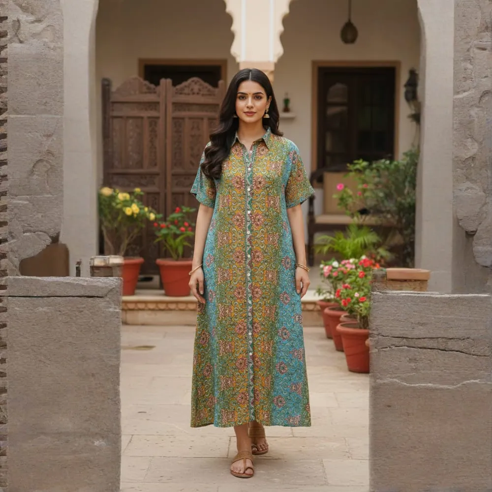 LONG DRESS TEAL GARDEN TAPESTRY PRINT