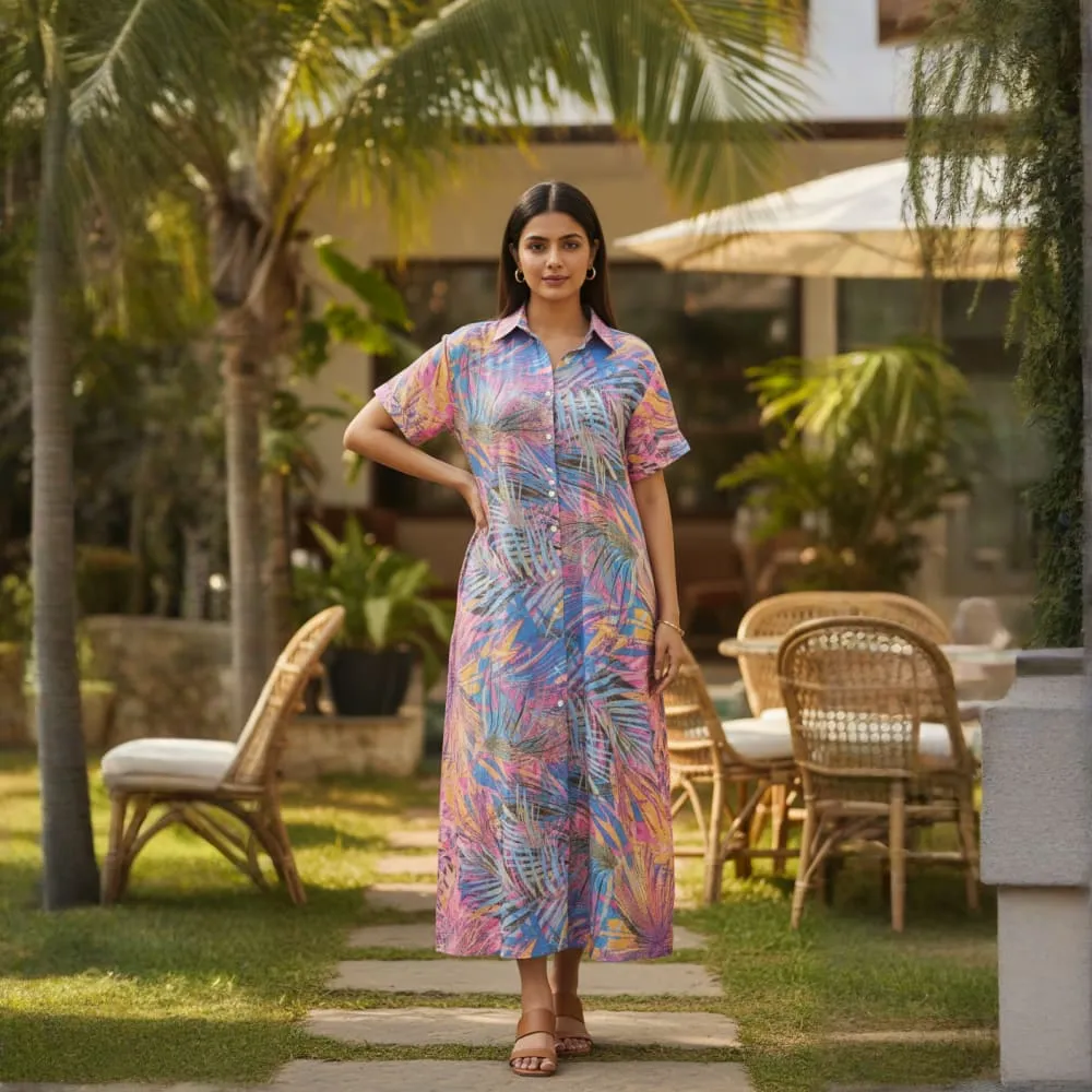 LONG DRESS TROPICAL PLAMS PRINT