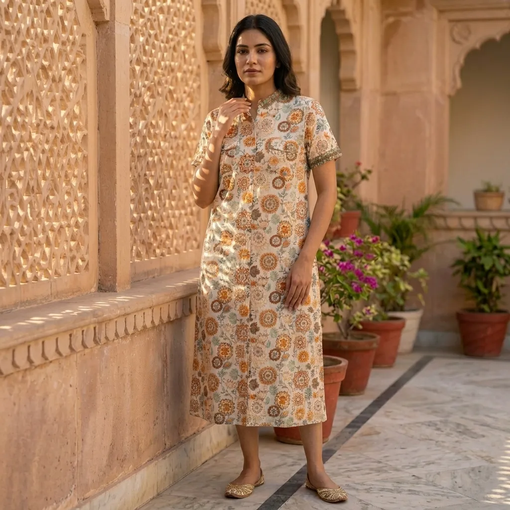 SOUMYA FRONT POCKETS COTTON EMBROIDERY LONG DRESS