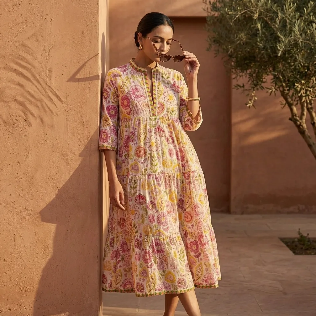 [26KL-CEMB-500-LD-0583] AMBIKA COTTON EMBROIDERY V-NECK LONG DRESS (0583)