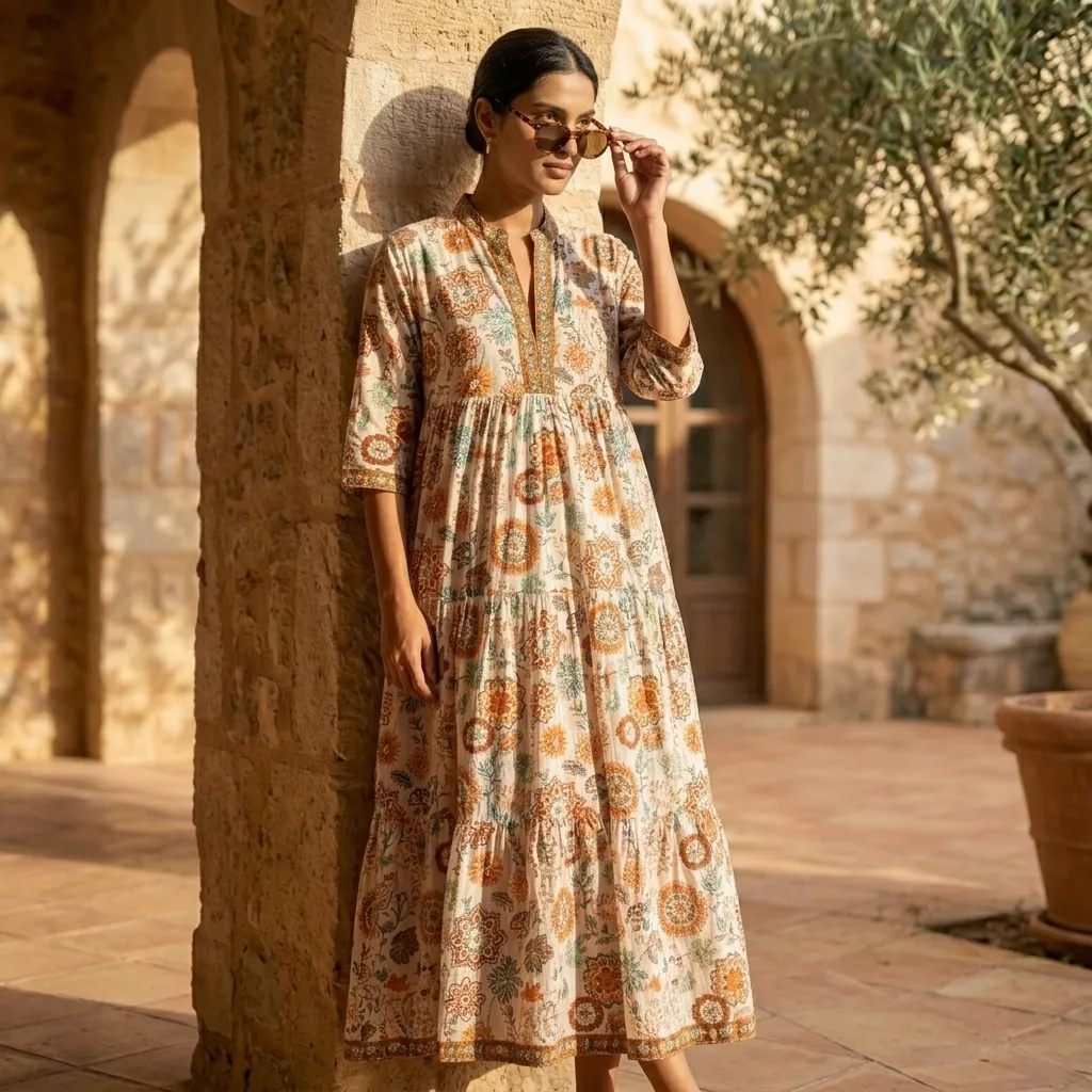 AMBIKA COTTON EMBROIDERY V-NECK LONG DRESS
