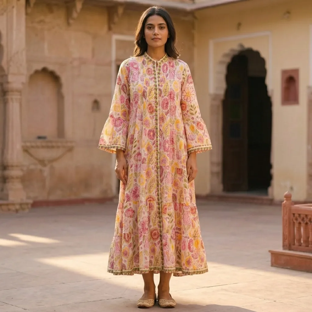 TEENA COTTON EMBROIDERY STRIPPED LONG DRESS