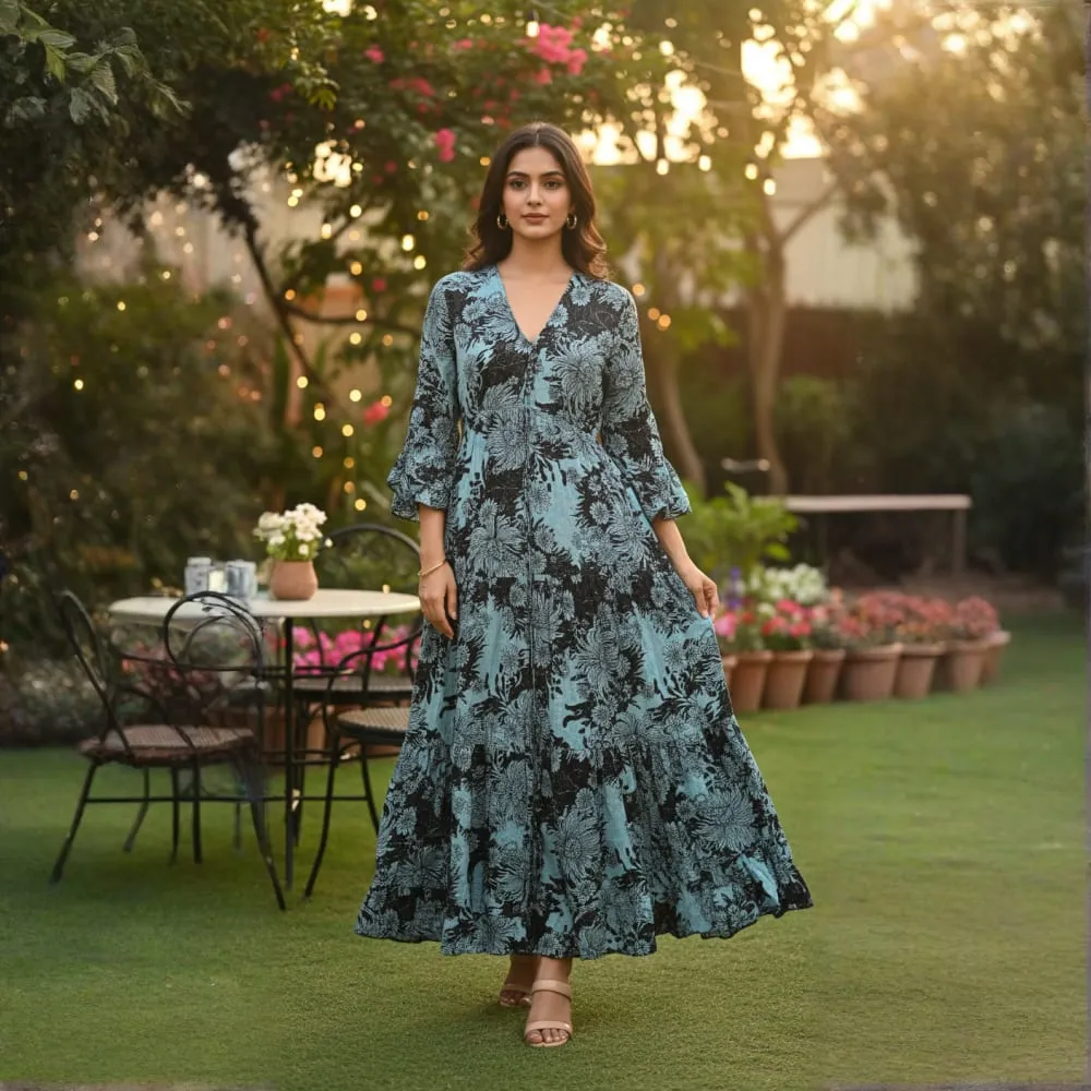 [CB-1008-1212] LONG DRESS AZURE BOTANICAL PRINT