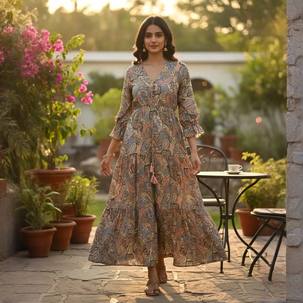 [26KL-SB-1008-LD-1310] DIVYA RUFFLED BELL CUFF LONG DRESS