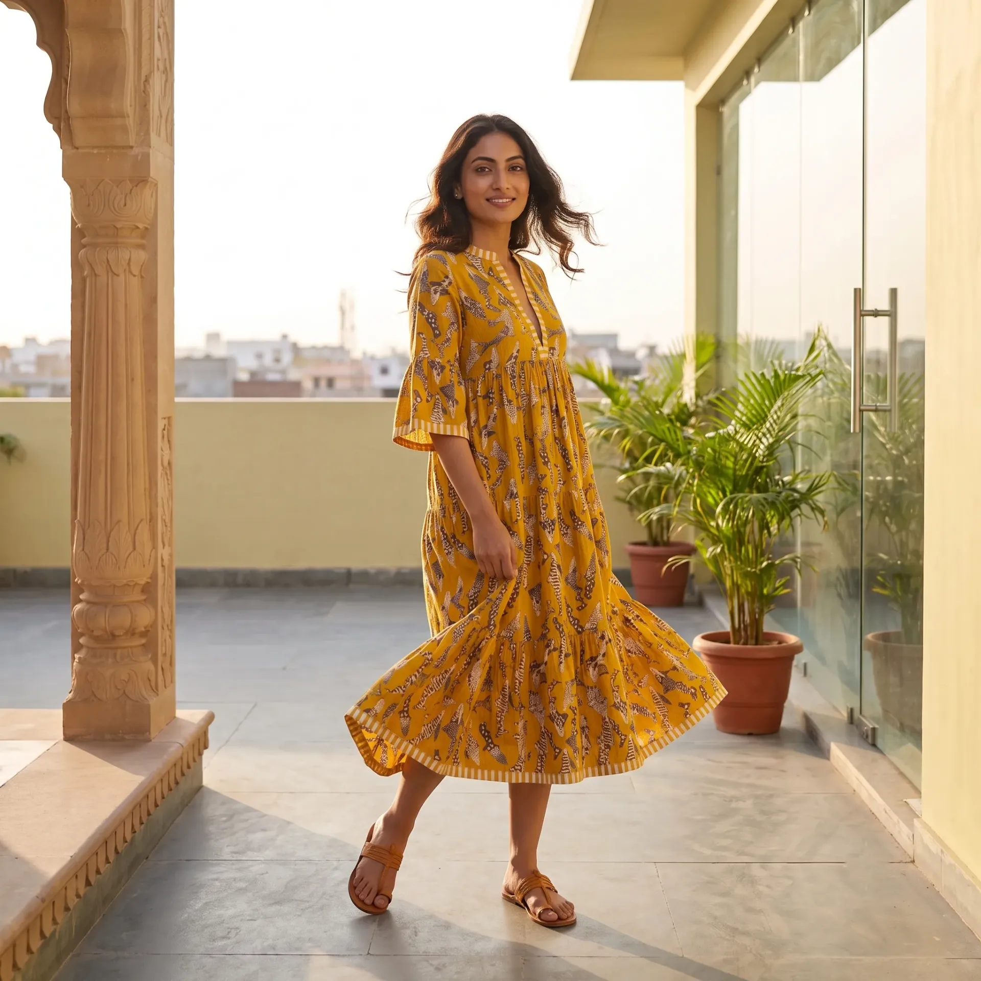 AMBIKA ABSTRACT V NECK LONG DRESS