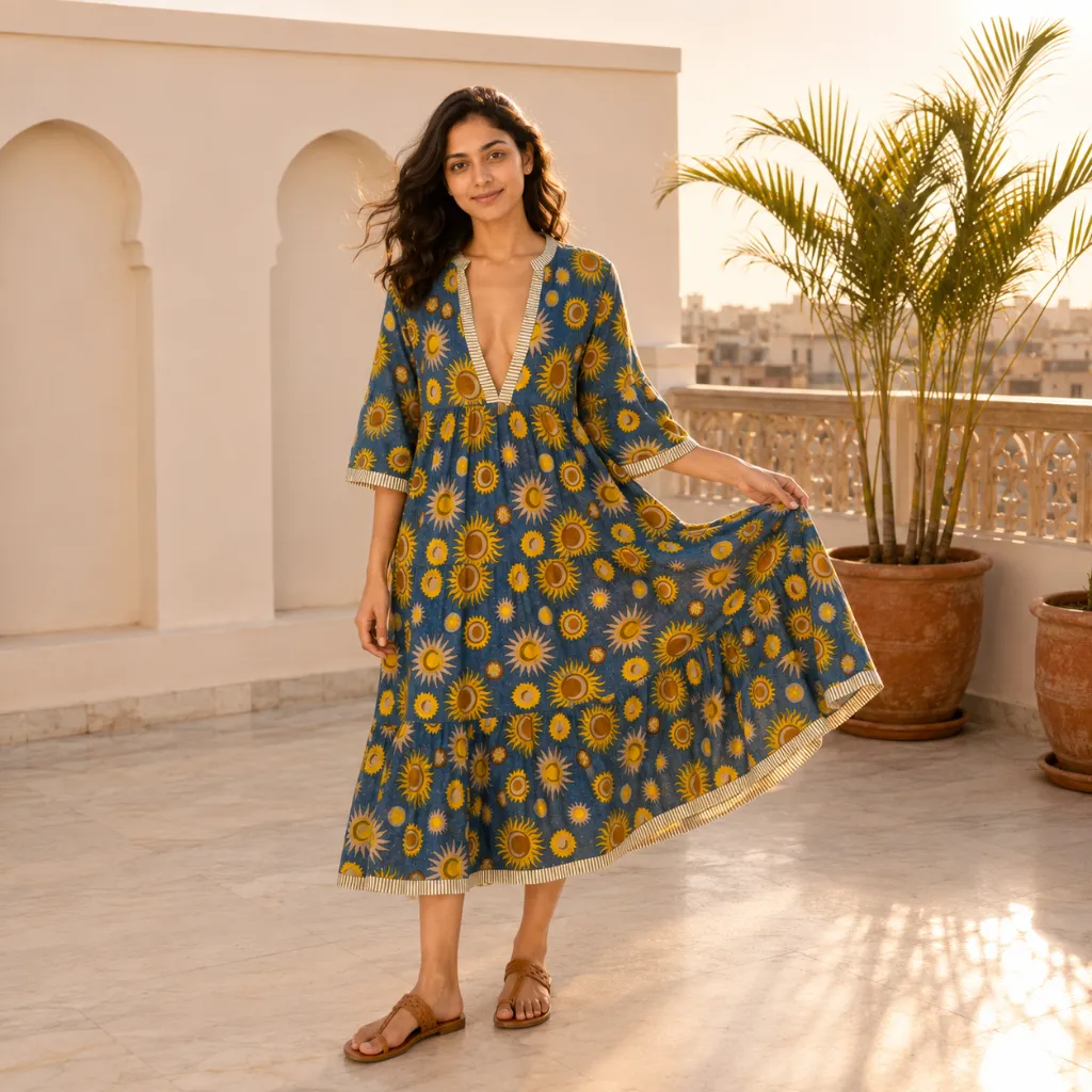 AMBIKA ABSTRACT V NECK LONG DRESS