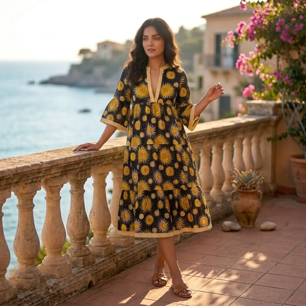 AMBIKA ABSTRACT V NECK LONG DRESS