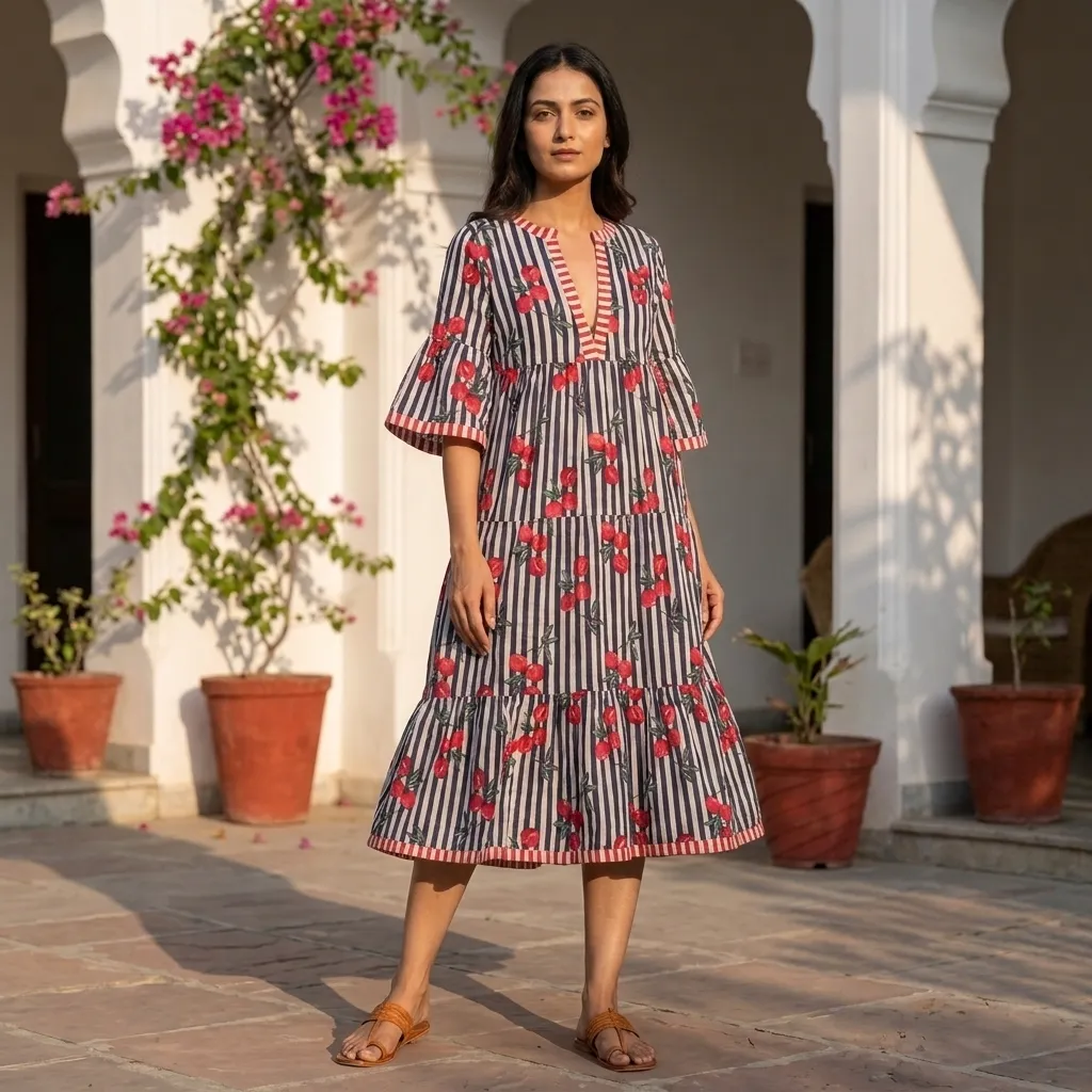[26KL-CBR-500-LD-FR1] AMBIKA FRUITS V-NECK LONG DRESS (FR1-Black/Red)