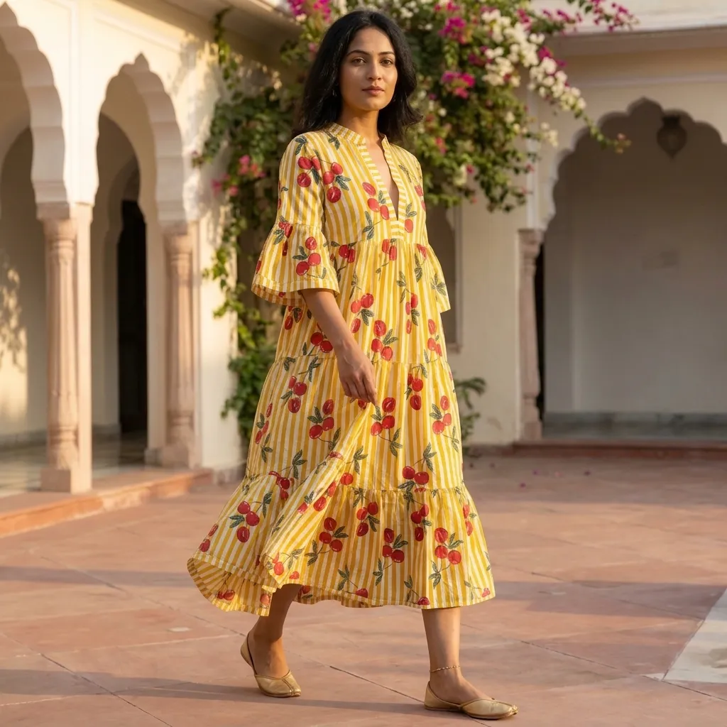 AMBIKA FRUITS V-NECK LONG DRESS