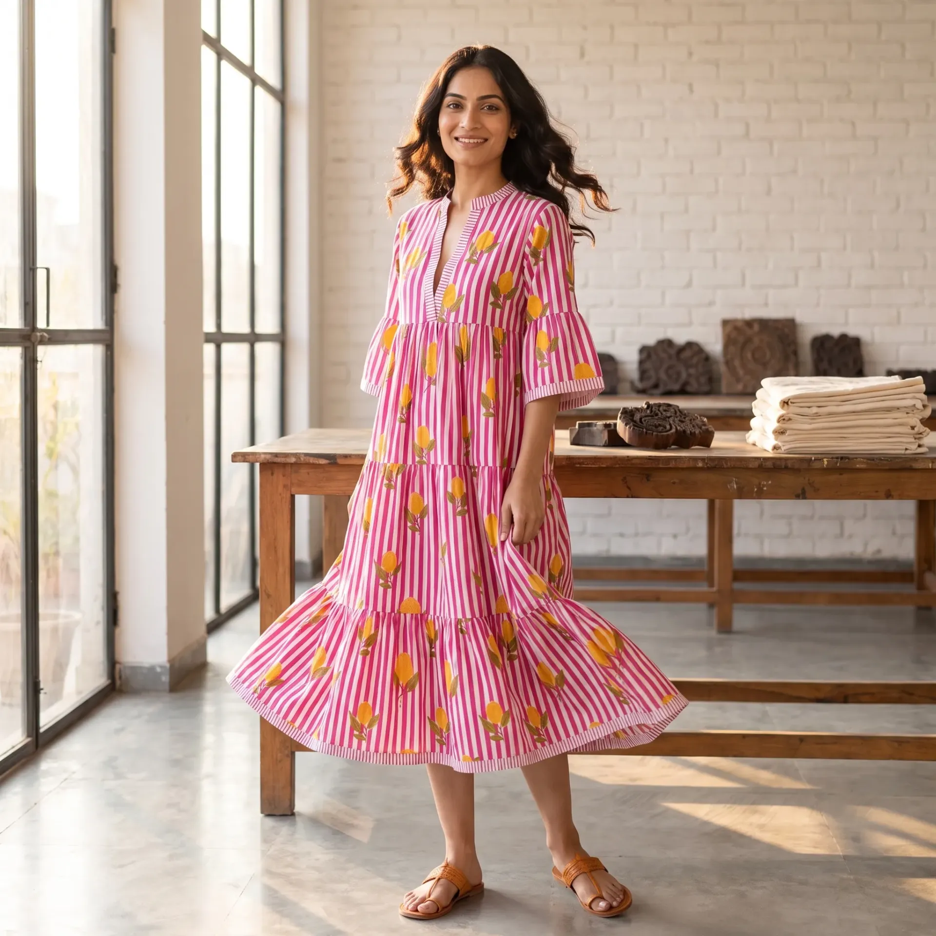 AMBIKA FRUITS V-NECK LONG DRESS