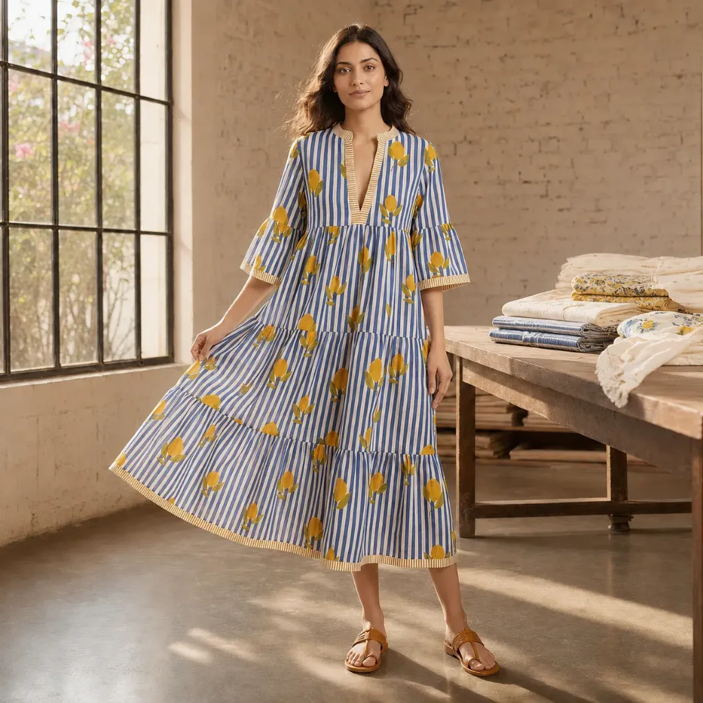 AMBIKA FRUITS V-NECK LONG DRESS