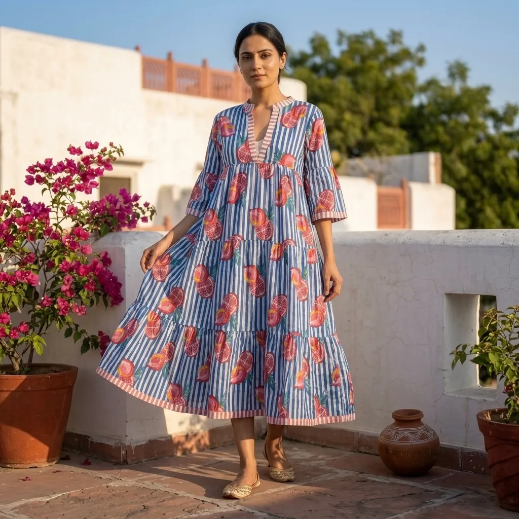 AMBIKA FRUITS V-NECK LONG DRESS