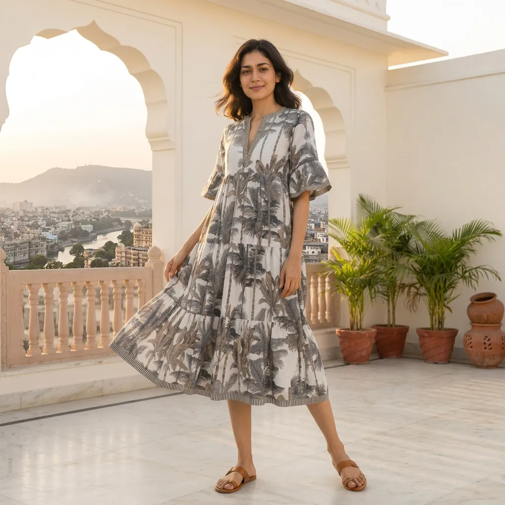 [26KL-CBR-500-LD-T1] AMBIKA TROPICAL V-NECK LONG DRESS (T1-White)