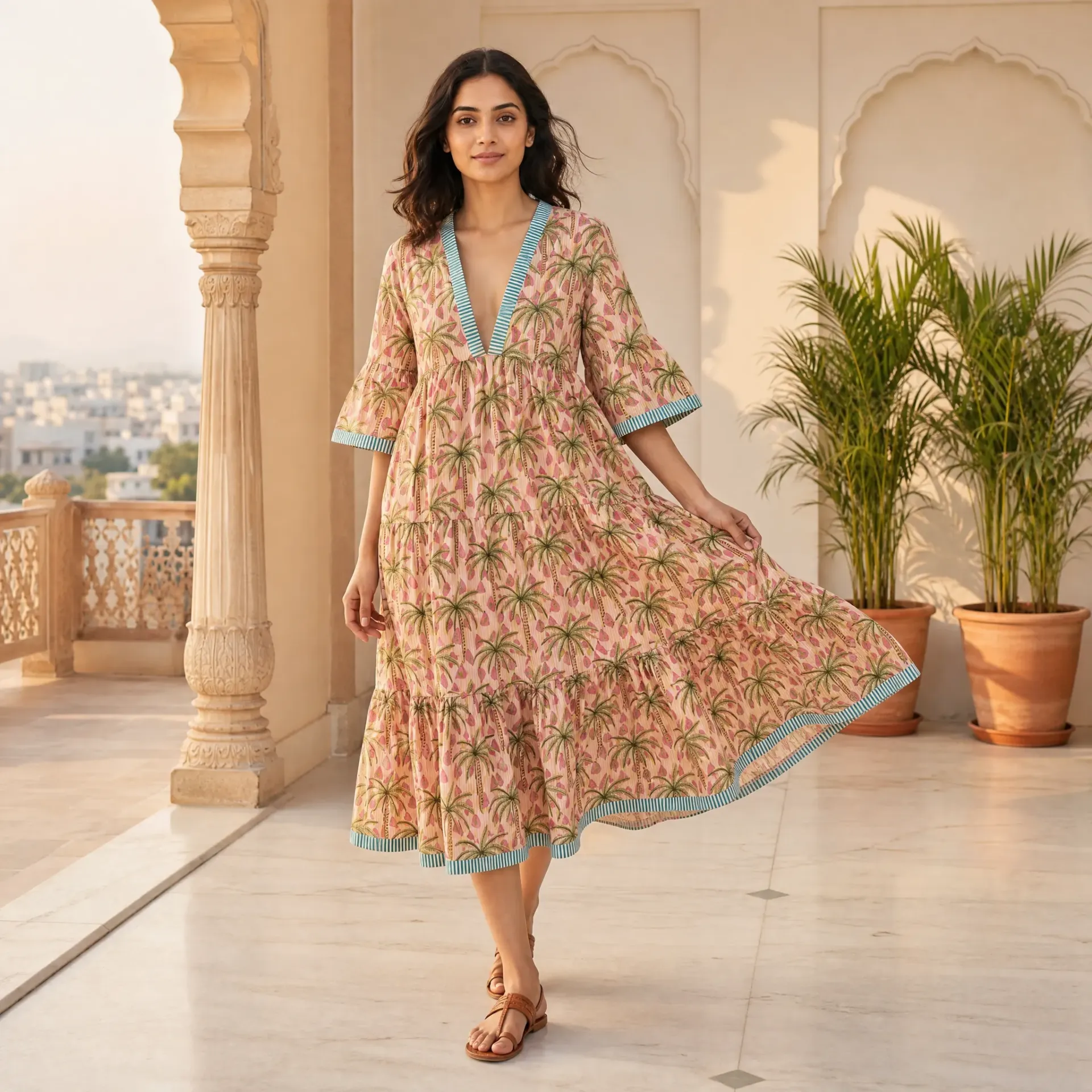 AMBIKA TROPICAL V-NECK LONG DRESS