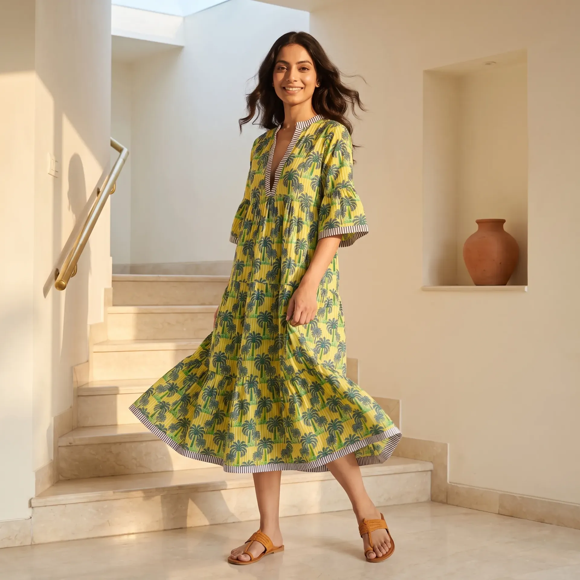 AMBIKA TROPICAL V-NECK LONG DRESS